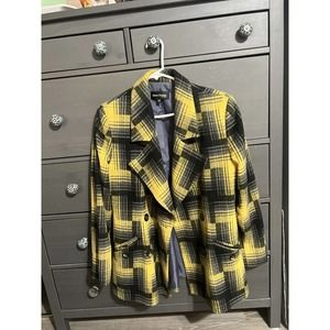 Womens Yellow Black Gray Plaid Wool Blend Long Sleeve Blazer Jacket 12 EUC